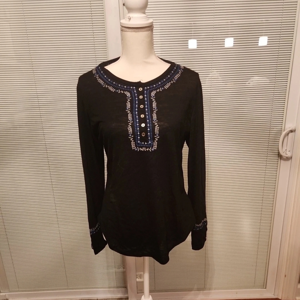 Chic Black Blouse with Blue Embroidery